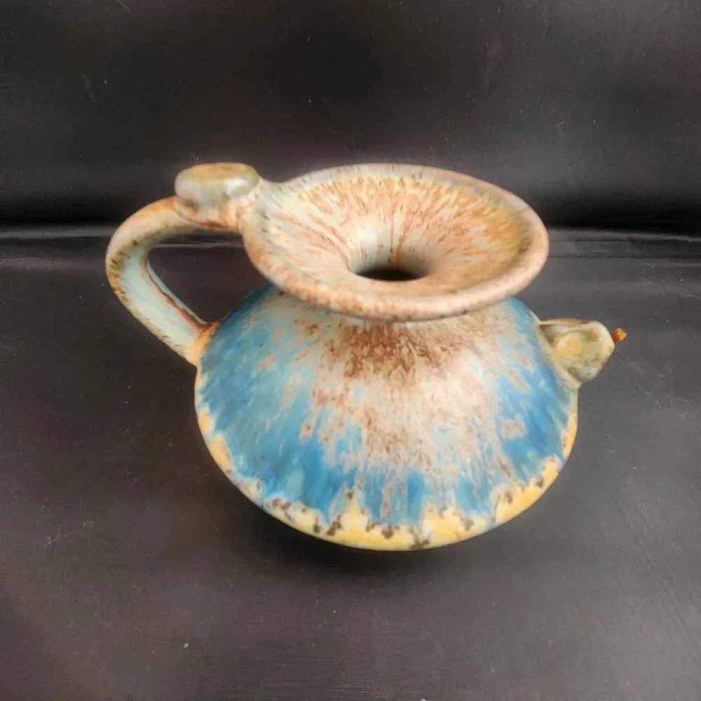 Single Double Wick Oil Lamp Reed Diffuser Blue OOAK Studio Pottery Signed VTG
